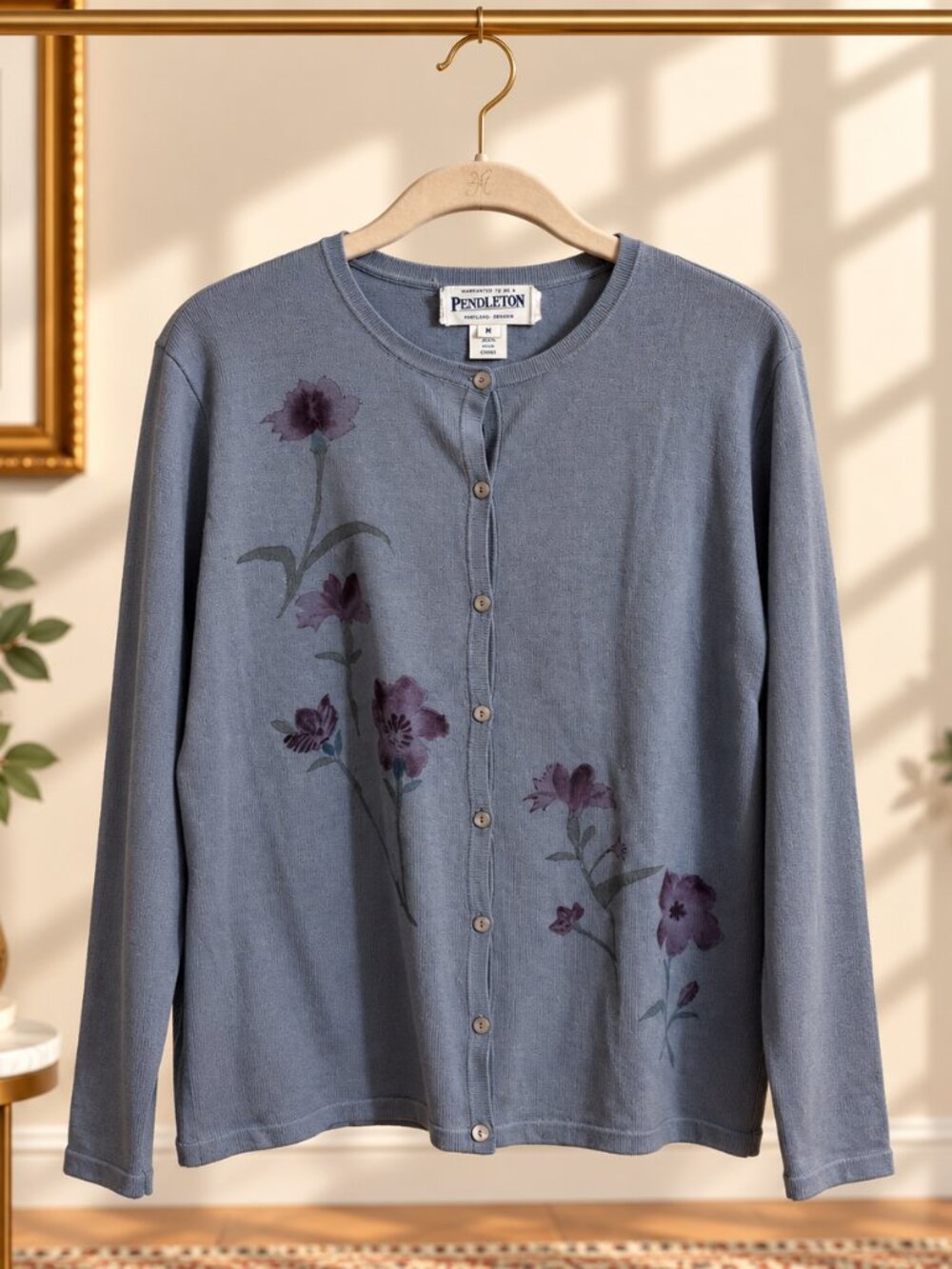Pendleton Silk Blend Floral Cardigan Sweater Women’s M Dusty Blue Gray
